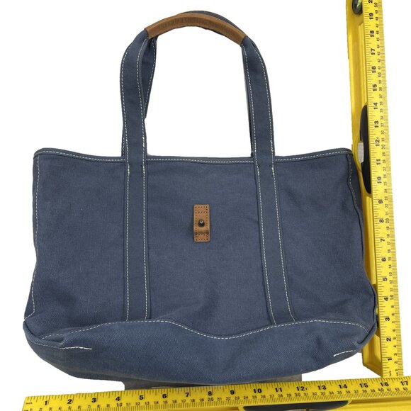 L.L. Bean Blue Cotton Canvas Leather Tote Bag Women's Multiple Pockets - Picture 8 of 9